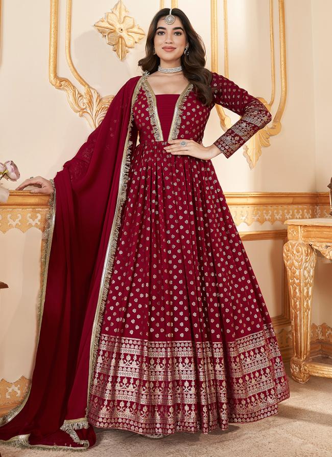 Faux Georgette Red Wedding Wear Metalic Foil Printed Gown With Dupatta